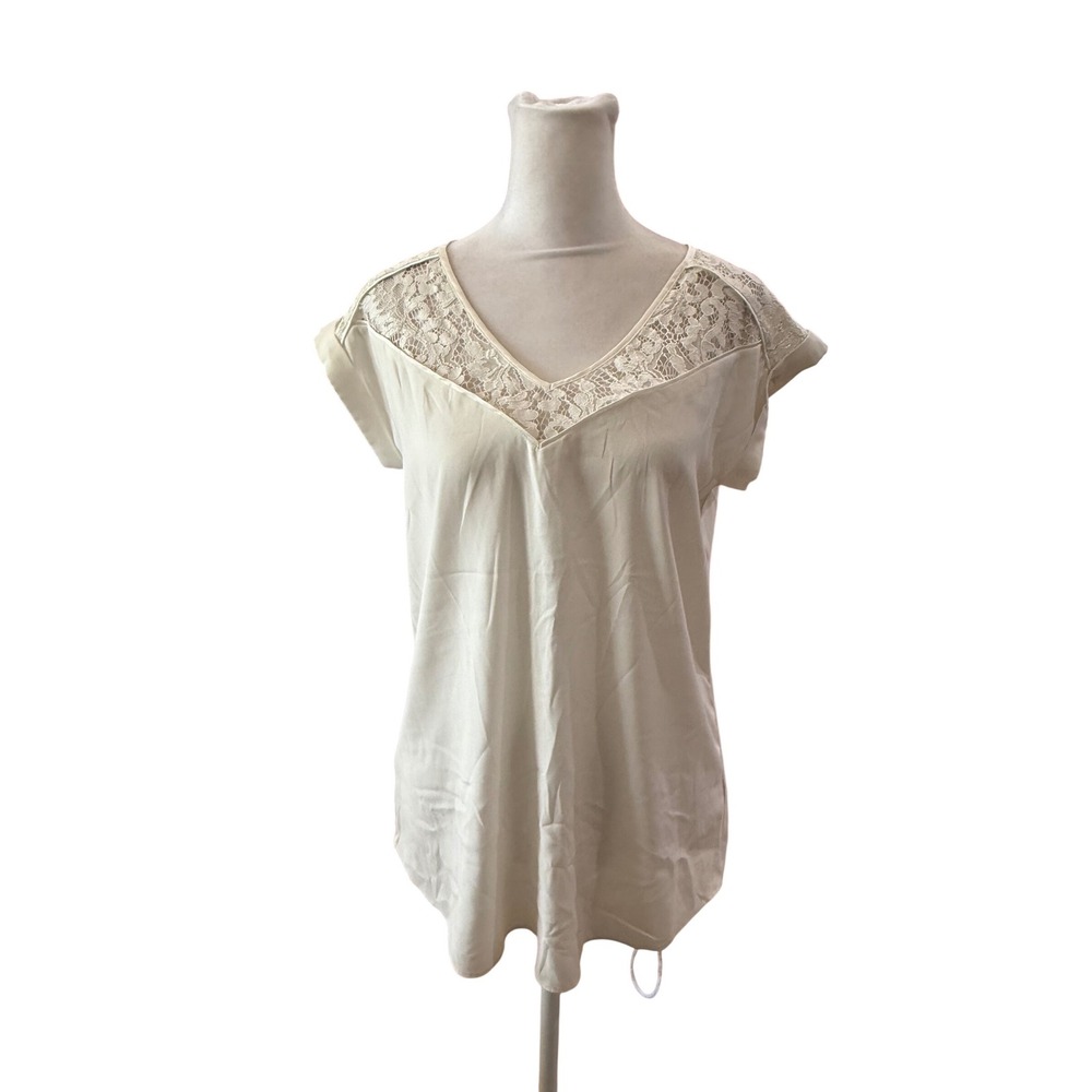 Express Ivory Satin Lace Shoulder V-Neck Blouse Top Small White 90240